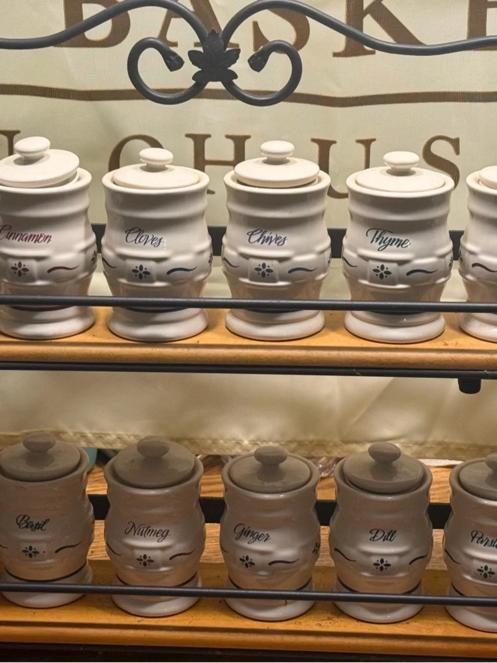 Longaberger Cream Ceramic Spice Jar Set with Colored